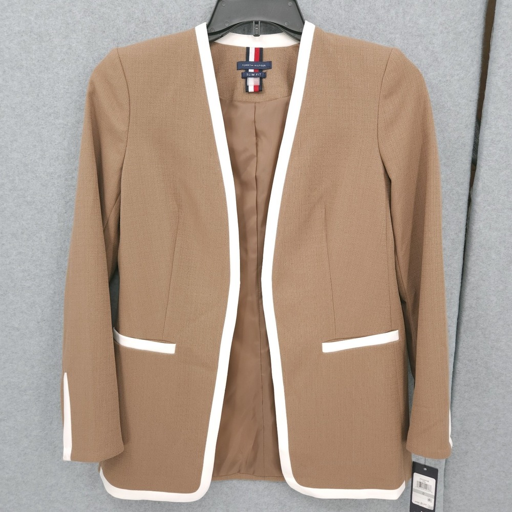 Tommy Hilfiger Beige Slim Fit Open Front White Trim Jacket Womens Size 0 NWT